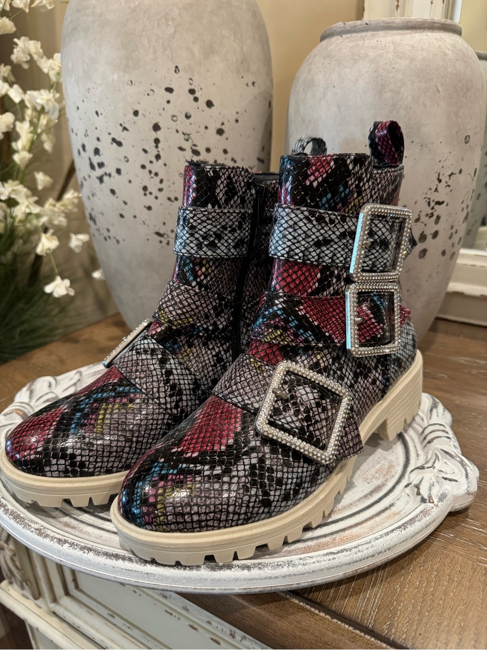 Women's Buckle Ankle Boots in Multi-Color Snake Print